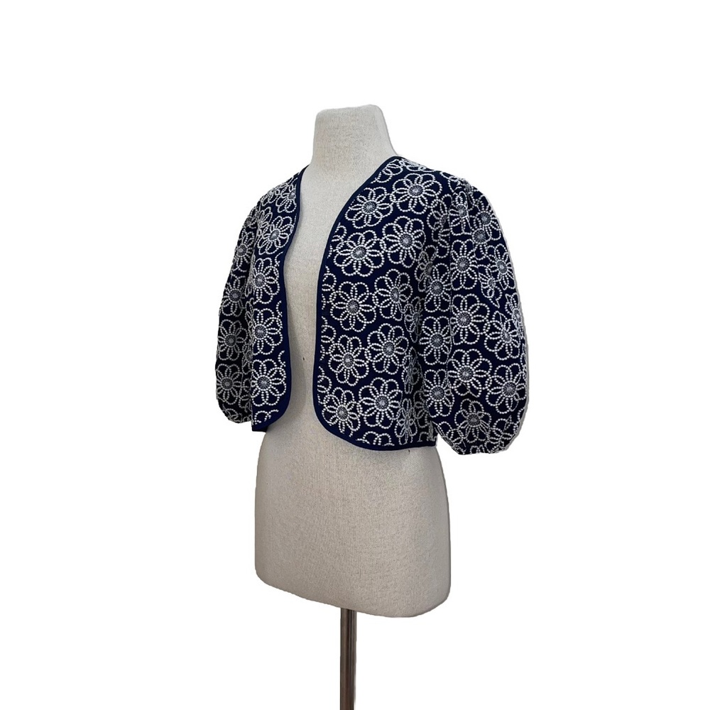 Maeve Anthropologie Navy Embroidery Floral Cropped Draped Shrug Jacket One Size - Picture 1 of 16